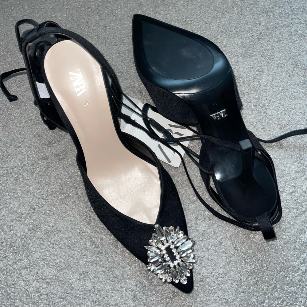 Zara Black Satin Pointed Slingback Heels with Crystal Brooch - Picture 15 of 16